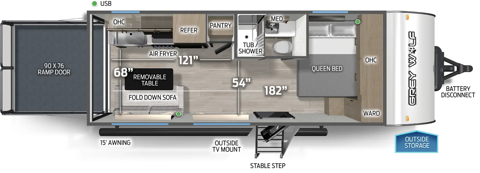 The Cherokee Black Label 18RRBL floorplan is a toy hauler that has one entry and zero slide outs. Exterior features include: fiberglass exterior and 15' awning. Interiors features include: front bedroom.